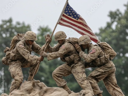 A group of soldiers are holding a flag and are posing for a picture photo