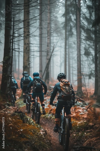 Foggy Forest Autumn Mountain Biking Group