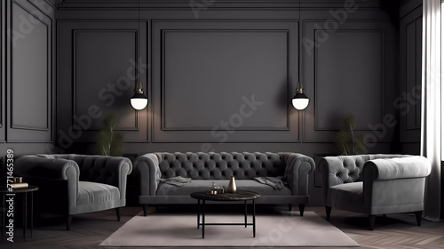 Modern interior design style living room ,office with black tone sofa ,dark wall paper.Interior design.
