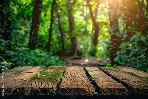 Empty wooden table in a lush forest background , light brown rim light environmental, Generative Ai