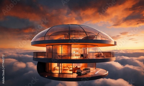 new small apartment, modern, futuristic, lights, orange color, literally flying on top of clouds, the idea is to convey the apartment is flying over the clouds, curved architecture, glass walls, exter photo