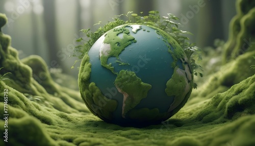 conceptual 3D globe with continents and live green plants emerging set on mossy terrain against a blurred background created with generative ai.