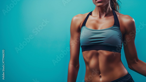 A female fitness model with a strong muscular body. Sporty abdominal muscles. Blue studio background