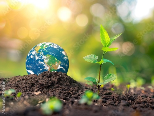 Piantina che germoglia in un terreno arido accanto al globo terrestre, per comunicare i problemi ambientali e il cambiamento climatico photo