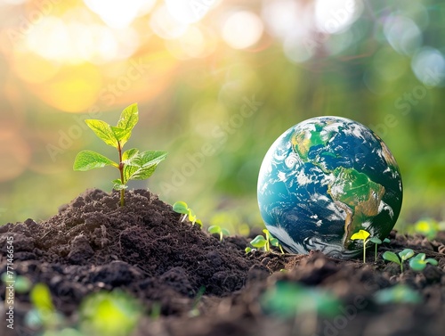 Piantina che germoglia in un terreno arido accanto al globo terrestre, per comunicare i problemi ambientali e il cambiamento climatico photo