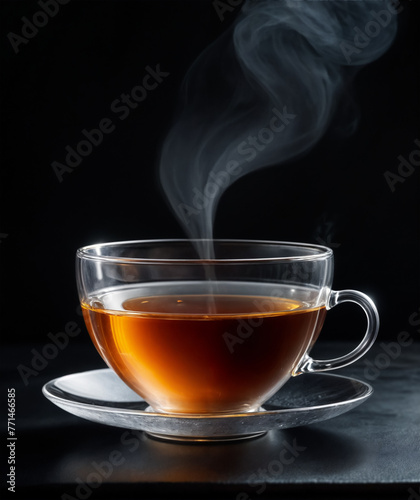 A steaming cup of tea on a black background. Hot tea served in a transparent glass cup.