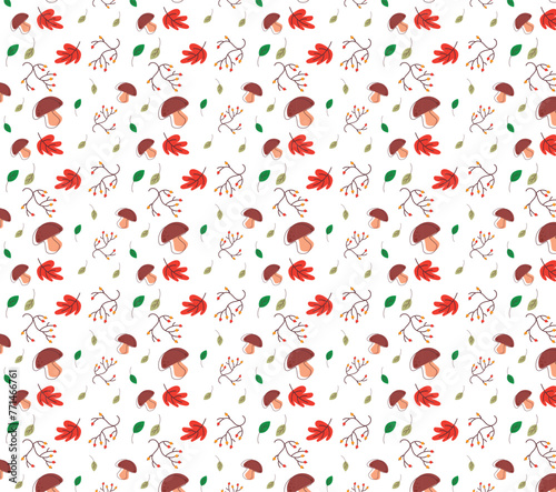 Indian Summer Seamless pattern in oriental geometric traditional style. Leaves, rowanberry and mushroom with coloured background blue, light colour. vector Designed by Vishal Singh