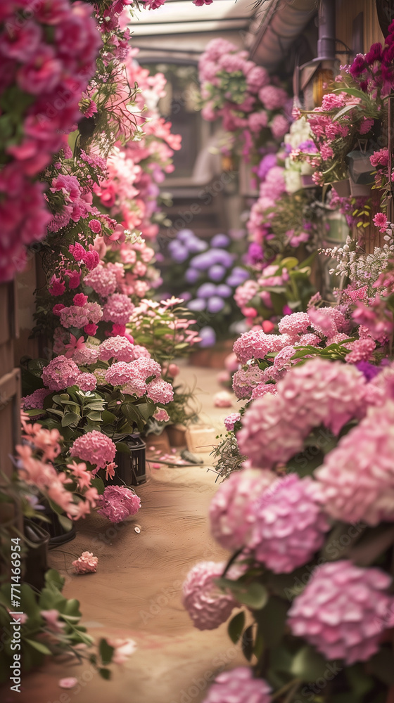 Naklejka premium A whimsical garden filled with blooms in shades of mauve and pink, inviting viewers into a dreamy, floral wonderland,ai