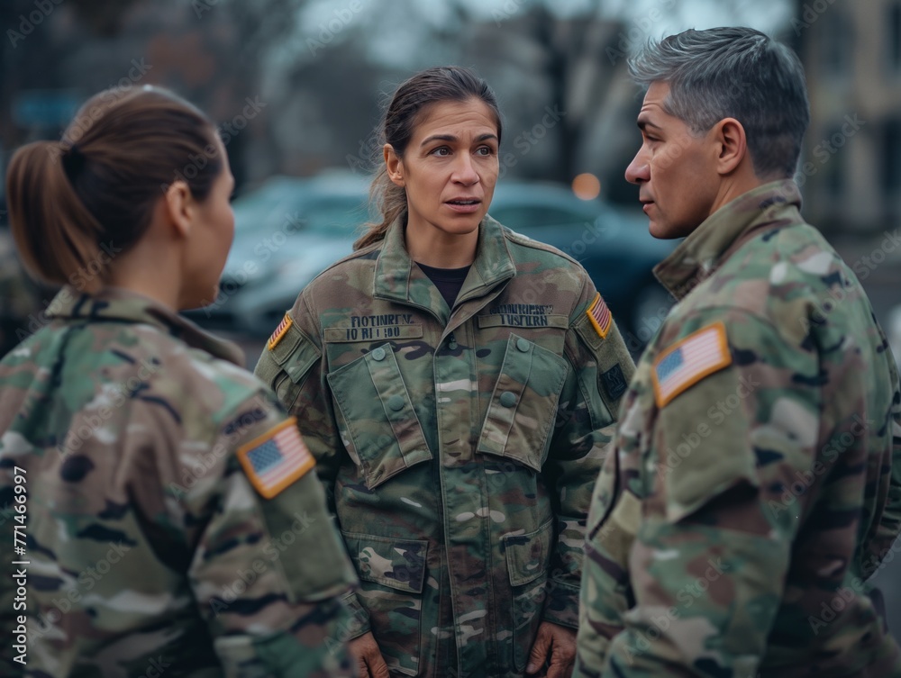 Three military personnel are standing in a line, one of them is a woman. The woman is wearing a green and brown uniform and has a serious look on her face