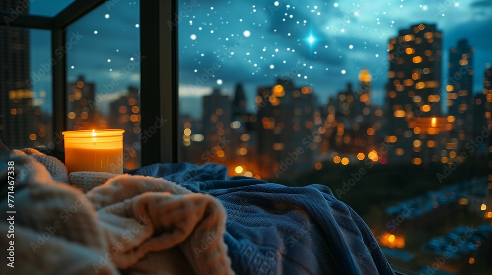 Urban Starlight Ambiance with Candle, Cozy Cityscape View from High-Rise
