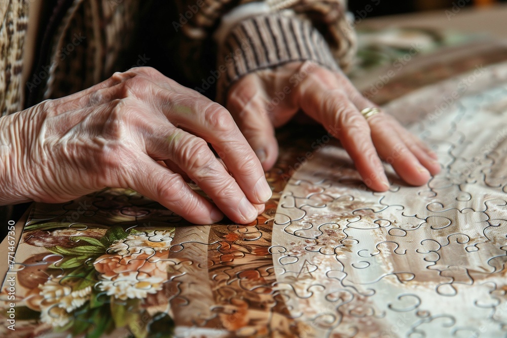 Elderly Hands Working on Puzzle, Concentration and Patience in Detail. Mental health.