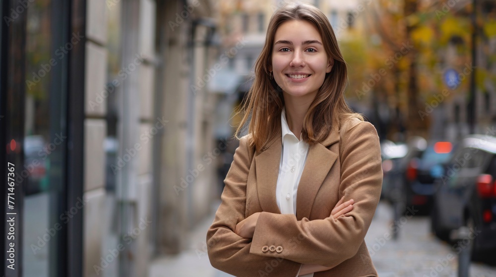 Fototapeta premium Portrait of a smiling young businesswoman standing with arms crossed in the street