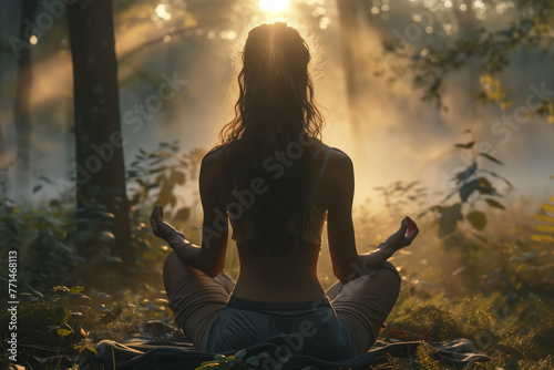 Woman meditating in sunlit forest © gearstd