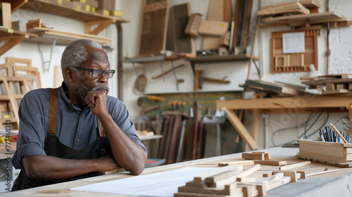 In a well-organized carpentry workshop, a senior Afro-American carpenter and business owner examines a set of blueprints with keen attention, surrounded by wooden models and tools