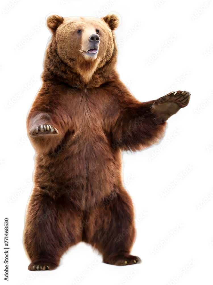 Obraz premium A brown bear stands on a white background with its paw raised