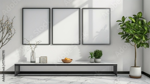 Black border mockup frame  marble white wall  home interior  3D render