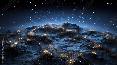 The visualization of a network over mountainous peaks lit by star-like points suggests themes of natural and digital integration, ideal for concepts on ecology photo