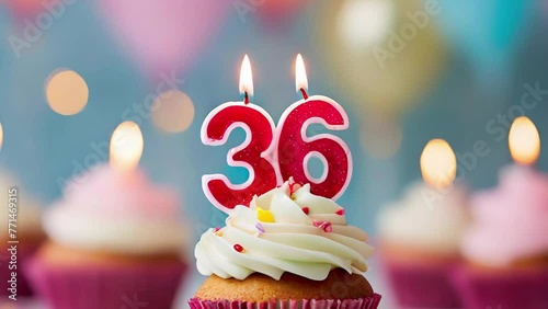 Timlapse with fast sequence of birthday cupcake. thirtysix years celbration. 36 Happy birthday animation. thirty-sixth anniversary. photo