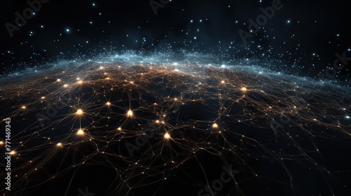 This image presents an intricate cosmic web of interconnected data points, evoking themes of network, connectivity, and astronomy, perfect for digital technology