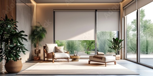 Motorized roller blinds automatic solar shades modern interior with relax chair electric sunscreen curtains for smart home, Generative AI 