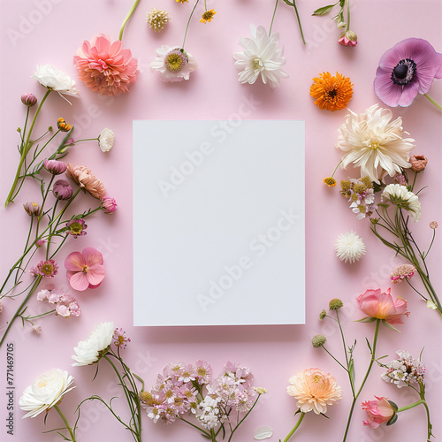 A blank square card surrounded by pastel colored flowers on a light pink background in a flat lay shot