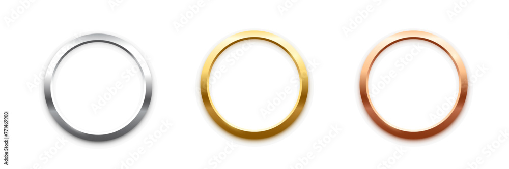 Fototapeta premium Gold, silver and bronze metal circle frames 3d vector realistic illustration. First, second and third place medals or buttons isolated on white background. Certified. Quality blank, empty badge set