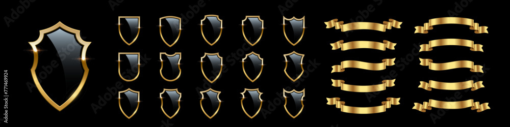 Black shields with golden frame and ribbons vector set for emblem, logo, badge, label. Royal medieval military armor collection isolated on black background. War trophy, heraldic symbol - obrazy, fototapety, plakaty 