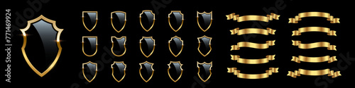 Black shields with golden frame and ribbons vector set for emblem, logo, badge, label. Royal medieval military armor collection isolated on black background. War trophy, heraldic symbol
