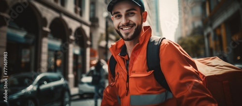 The delivery man is happily strolling down the city street, wearing a smile and a hat. He passes by buildings and vehicles, enjoying the fun travel event