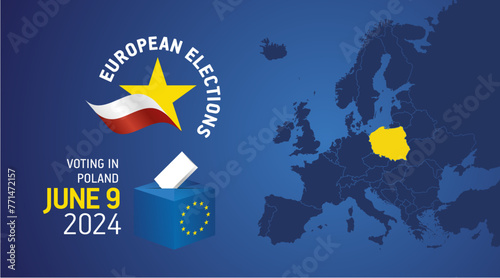 European elections June 9, 2024. Voting Day 2024 Elections in Poland. EU Elections 2024. Polish flag EU stars with European flag, map, ballot box and ballot on blue background