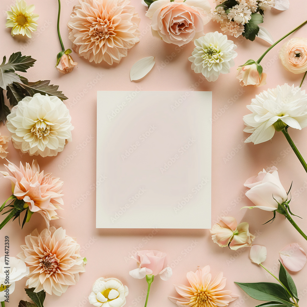 A square blank card surrounded by pastel colored flowers on a light pink background in a top view 