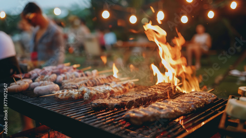 Barbecue party with people in the background, grilled steak, grilled meat and sausages, summer party, barbecue in the garden, people having fun, family and friends, bbq photo