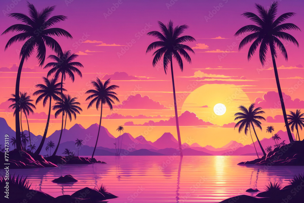 Tropical sunset serenity with silhouetted palm trees