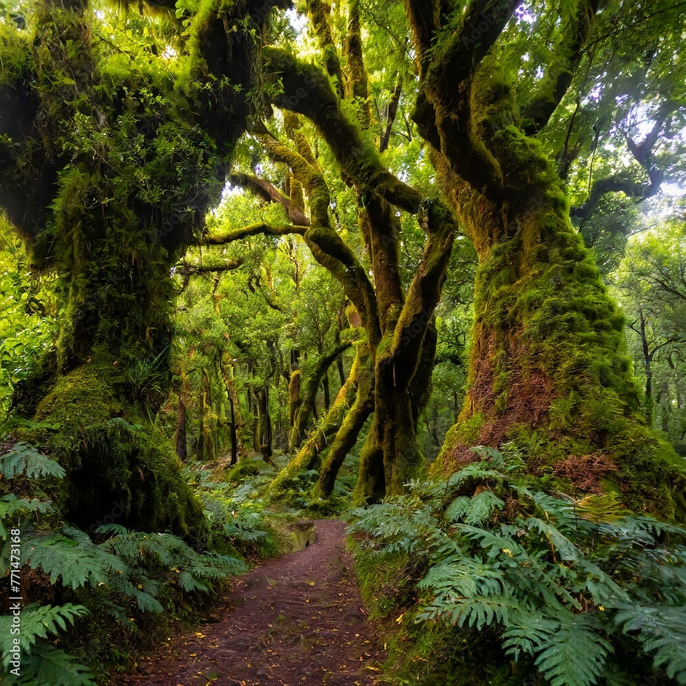 Obraz premium A sunlit path in a mysterious dense green mossy rain forest. 