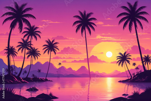 Tropical sunset serenity with silhouetted palm trees © HEKOLA