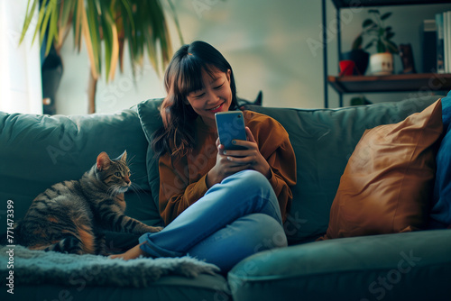 Happy Asian Woman Relaxing on Couch with Cat While Using Smartphone