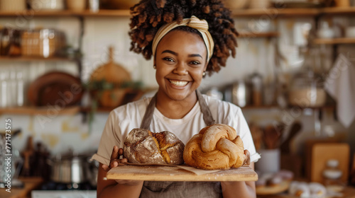 A black woman holding breads in her hands, she is smiling and wearing an apron, the background of the kitchen with shelves full of baking tools and decorations, professional photography, beautiful lig