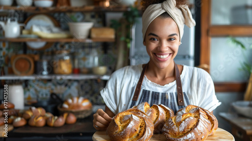 A joyful woman in her home bakery, holding up freshly baked bread loaves with an inviting smile and the kitchen's warm ambiance in soft focus behind her. She wears a headscarf tied back to reveal daur