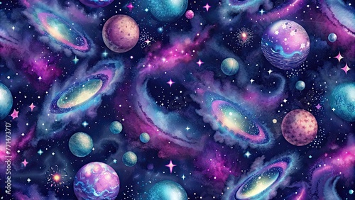Watercolor galaxy seamless pattern with planets, stars and galaxies. Space background