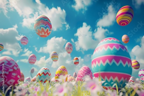 Easter concept with colorful flying Easter eggs. AI generative art