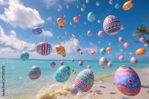 Easter concept with colorful flying Easter eggs on the beach. AI generative art © Drpixel