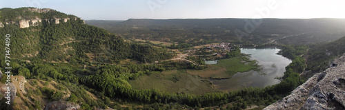 Aerial panorama view of the village of Uña and its surroundings, from the rocky crags of La Raya trail.    