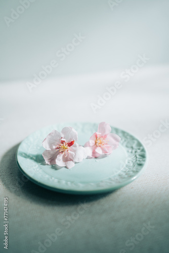 青いお皿の上に乗っている桜