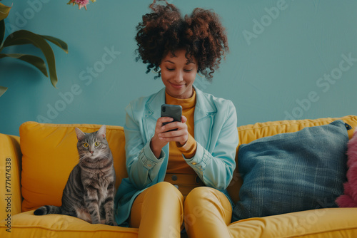 Happy Black Woman Relaxing on Couch with Cat While Using Smartphone