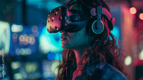 A person is immersed in a virtual reality experience, wearing a VR headset and headphones, with colorful neon lights reflecting on their face in a dimly lit environment