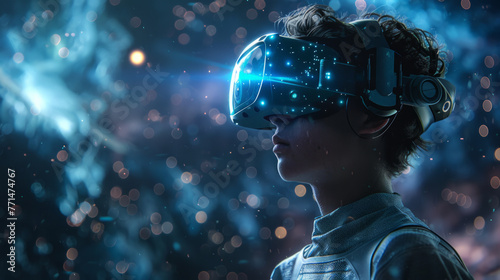 Side profile of a person wearing a virtual reality headset, immersed in a digital world with glowing blue lights and abstract bokeh effects around them