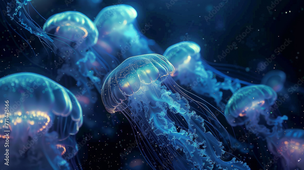 A digital illustration of glowing jellyfish swimming against a dark, oceanic backdrop sprinkled with light particles giving a bioluminescent effect. A digital illustration of glowing jellyfish swimming against a dark, oceanic backdrop sprinkled with light particles giving a bioluminescent effect.