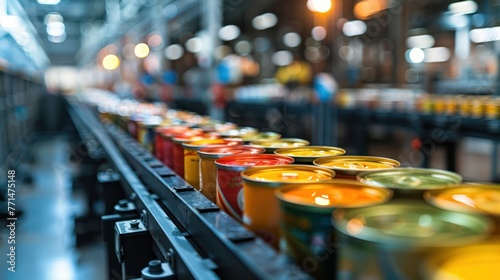 Canned food on an industrial factory conveyor belt