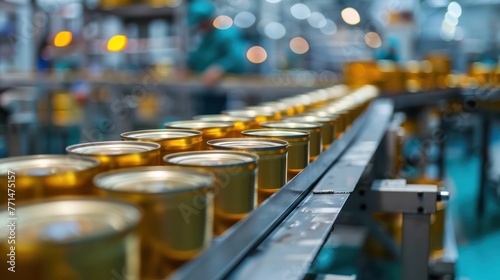 Canned food on an industrial factory conveyor belt