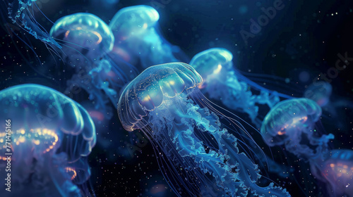A digital illustration of glowing jellyfish swimming against a dark, oceanic backdrop sprinkled with light particles giving a bioluminescent effect.